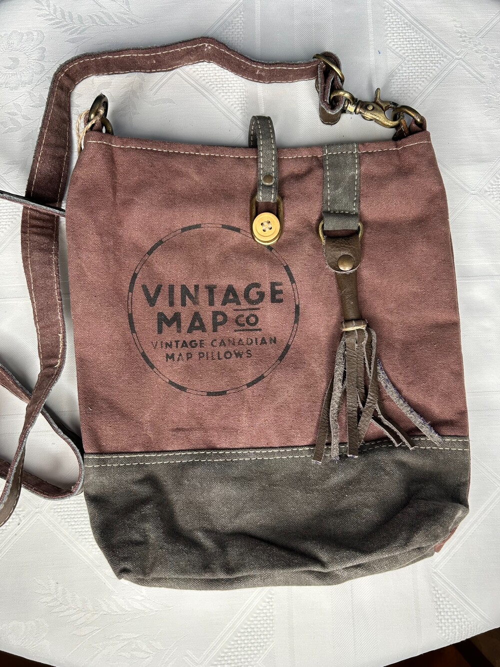 Clea Ray Recycled Army Tent Canvas Crossbody Bag Vintage Map Co Tassel Boho